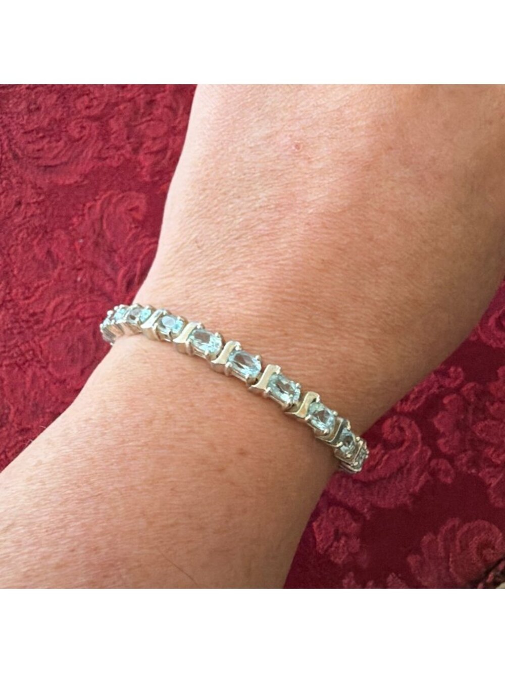 Vintage 925 Sterling Silver Light Blue Topaz Oval S-Link Line Tennis Bracelet
